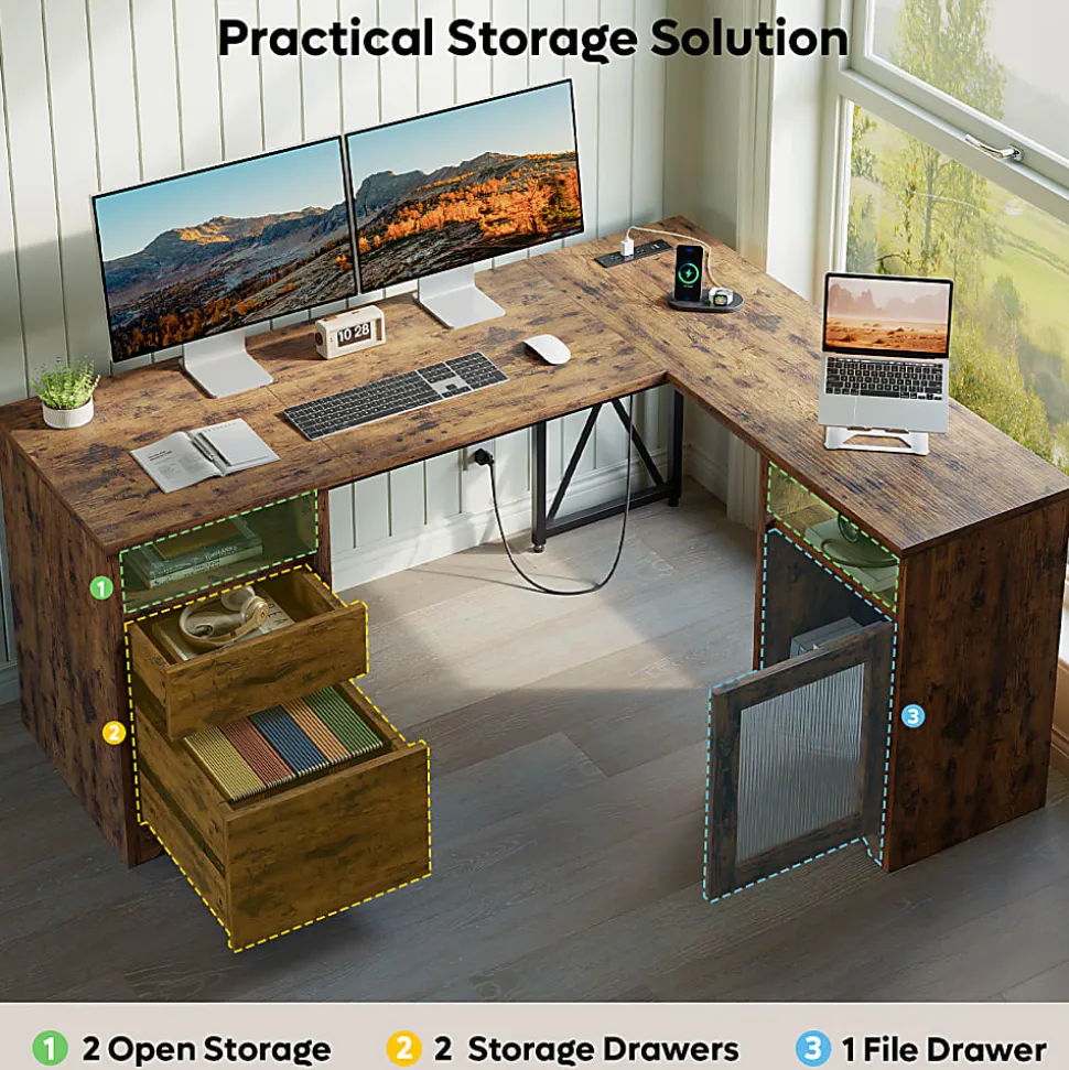 Bestier 63"W L-Shaped Corner Desk With Drawers and Power Outlets, Rustic Brown