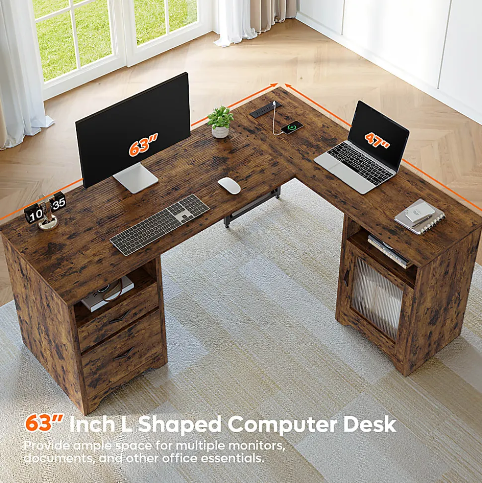 Bestier 63"W L-Shaped Corner Desk With Drawers and Power Outlets, Rustic Brown
