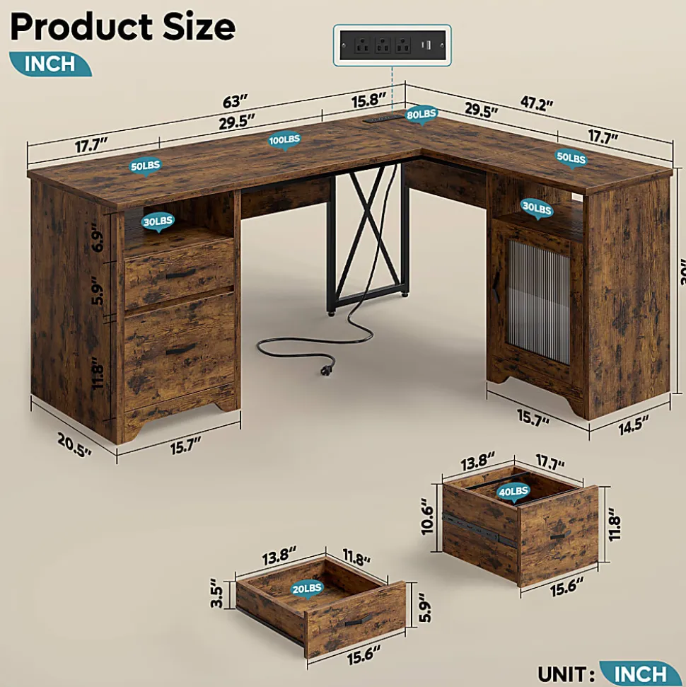 Bestier 63"W L-Shaped Corner Desk With Drawers and Power Outlets, Rustic Brown