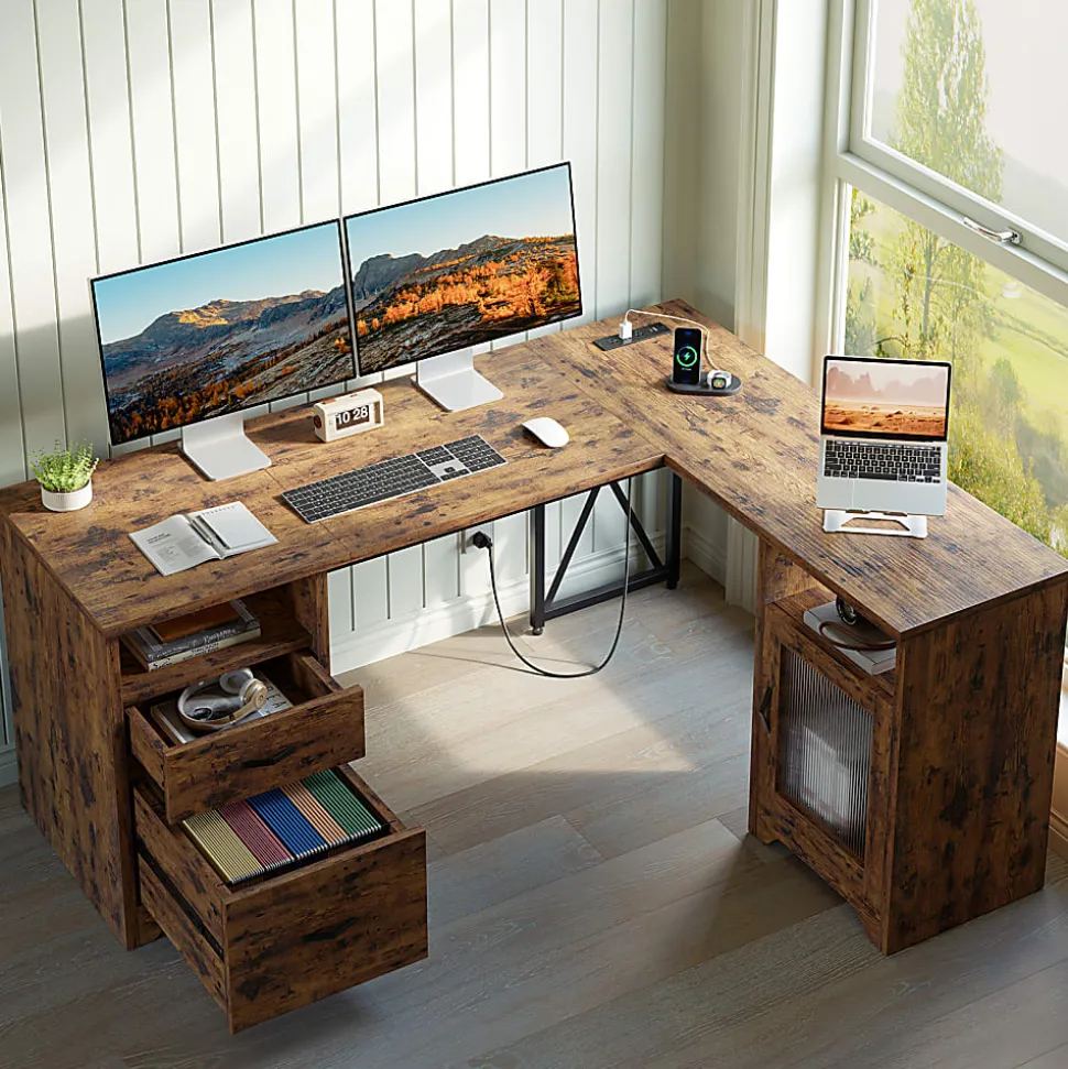 Bestier 63"W L-Shaped Corner Desk With Drawers and Power Outlets, Rustic Brown