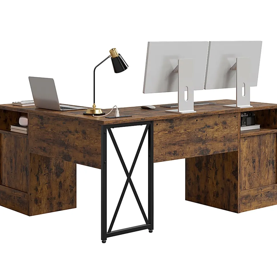 Bestier 63"W L-Shaped Corner Desk With Drawers and Power Outlets, Rustic Brown