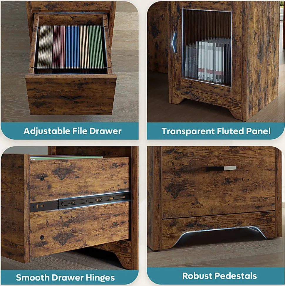 Bestier 63"W L-Shaped Corner Desk With Drawers and Power Outlets, Rustic Brown
