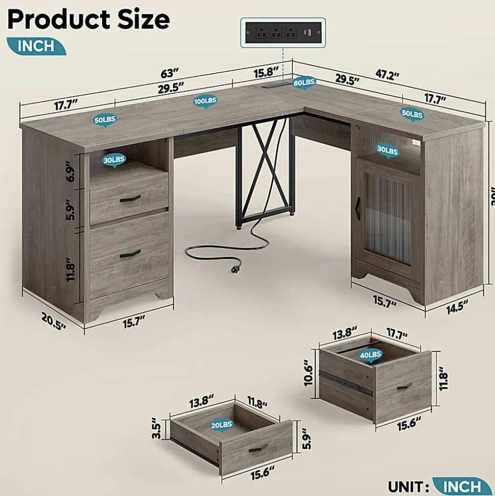Bestier 63"W L-Shaped Corner Desk With Drawers and Power Outlets, Gray