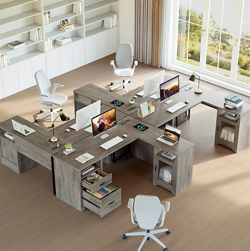 Bestier 63"W L-Shaped Corner Desk With Drawers and Power Outlets, Gray