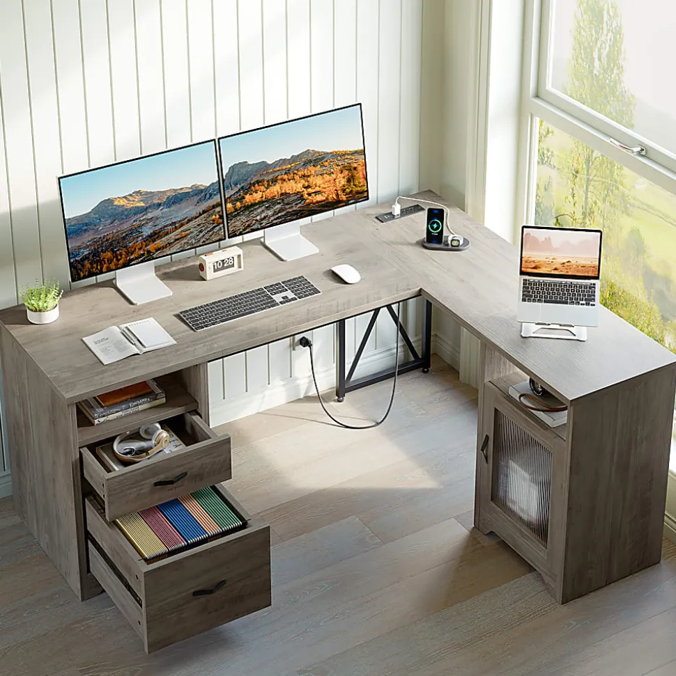Bestier 63"W L-Shaped Corner Desk With Drawers and Power Outlets, Gray