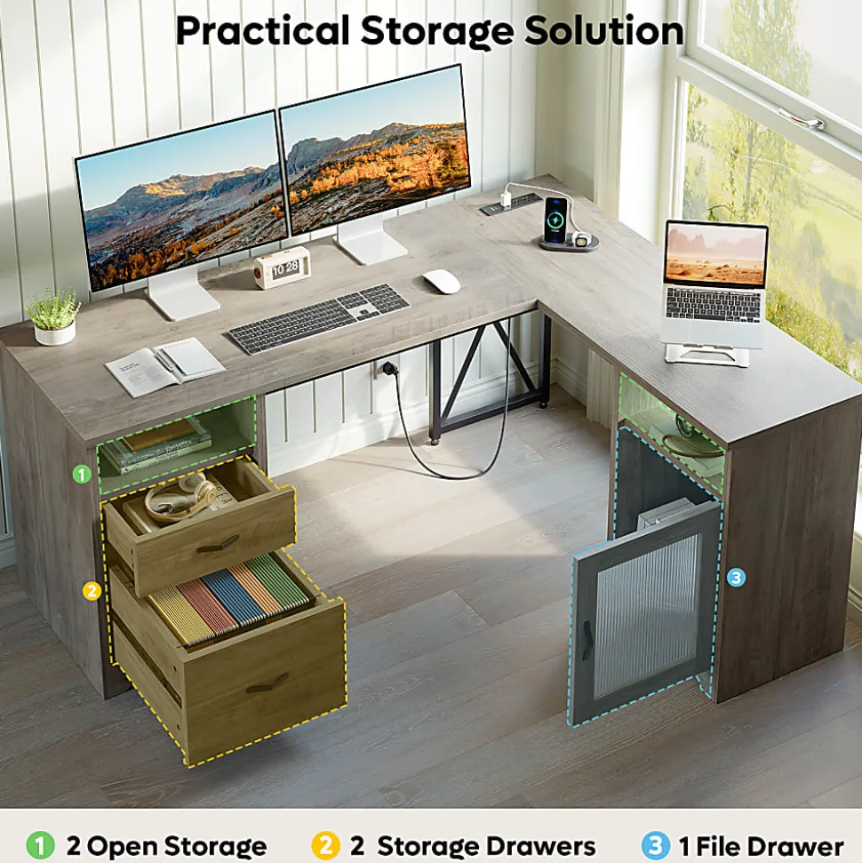 Bestier 63"W L-Shaped Corner Desk With Drawers and Power Outlets, Gray