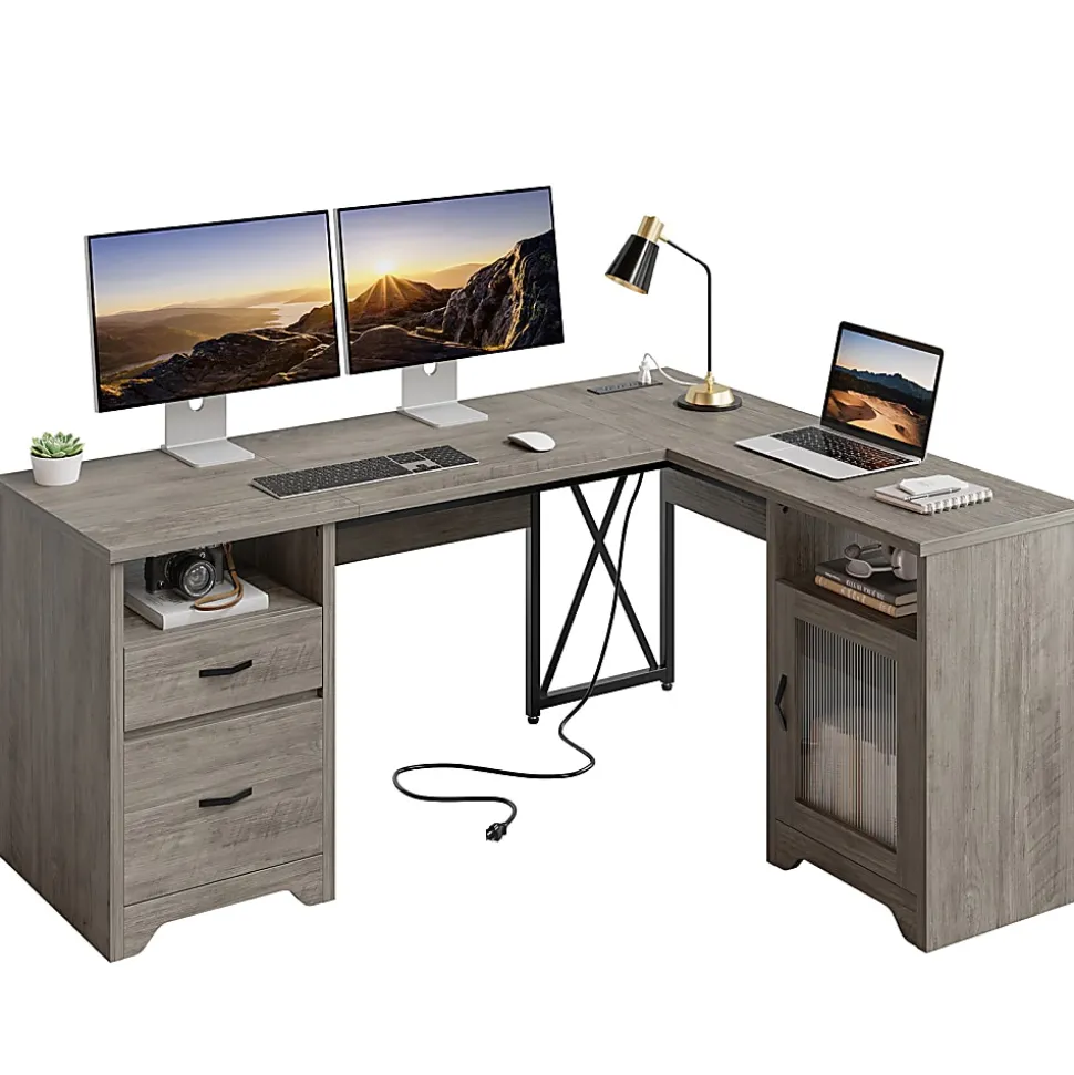 Bestier 63"W L-Shaped Corner Desk With Drawers and Power Outlets, Gray