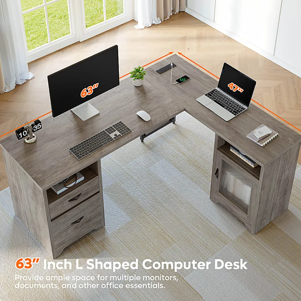 Bestier 63"W L-Shaped Corner Desk With Drawers and Power Outlets, Gray