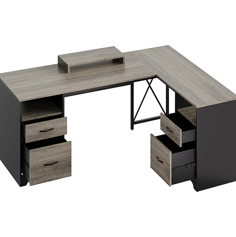 Bestier 63"W L-Shaped Corner Executive Desk With Monitor Stand & Open Storage, Gray