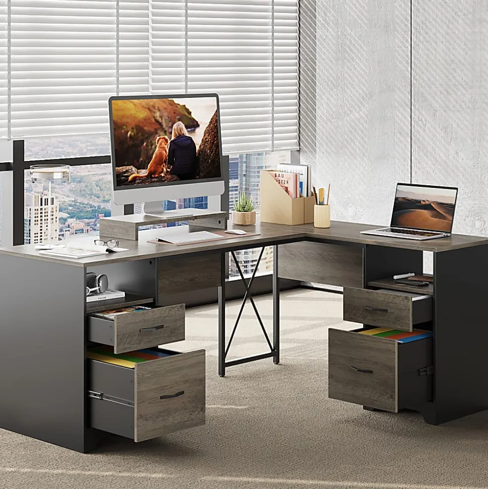 Bestier 63"W L-Shaped Corner Executive Desk With Monitor Stand & Open Storage, Gray