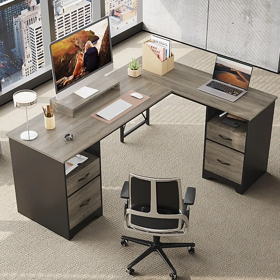Bestier 63"W L-Shaped Corner Executive Desk With Monitor Stand & Open Storage, Gray