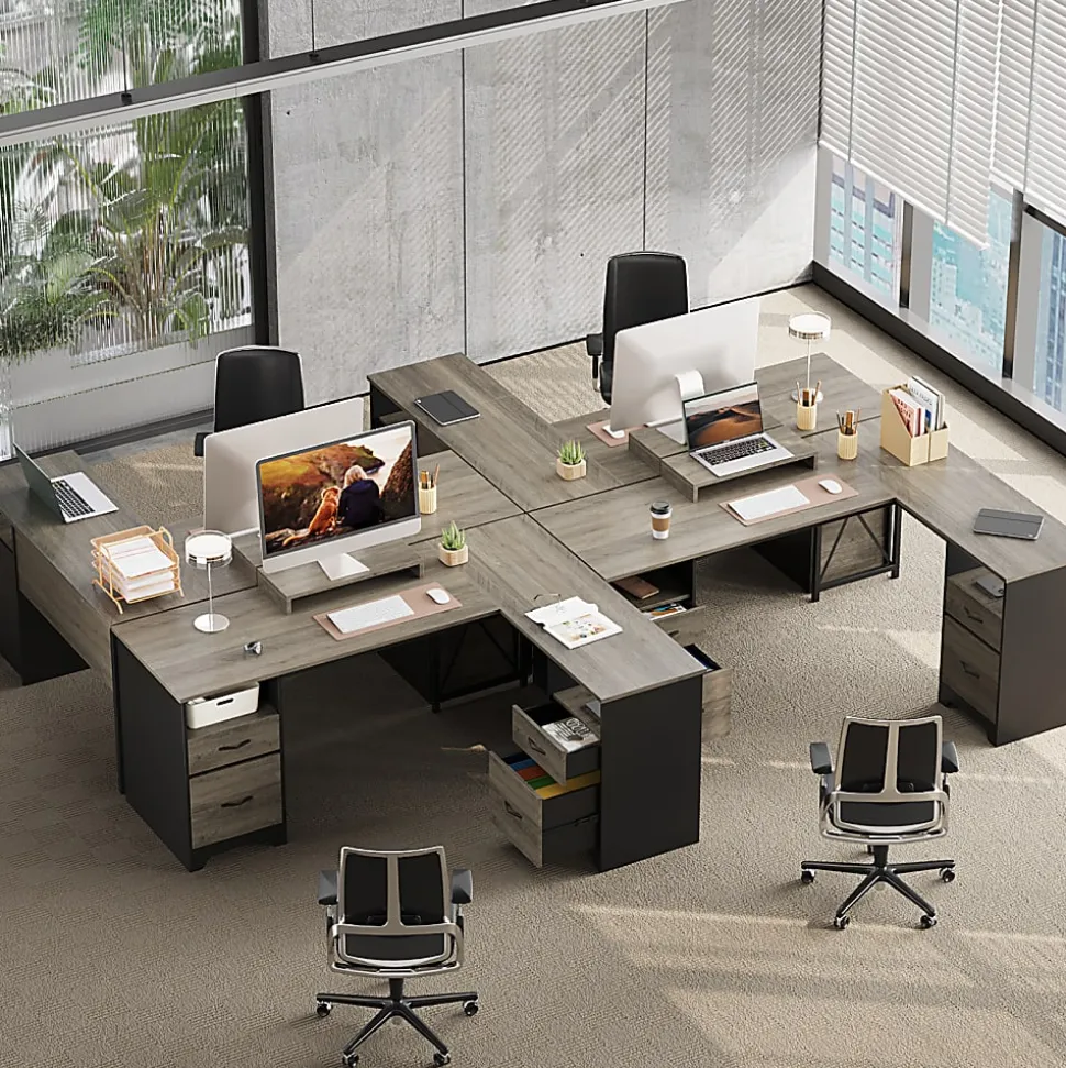 Bestier 63"W L-Shaped Corner Executive Desk With Monitor Stand & Open Storage, Gray