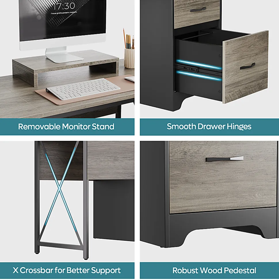 Bestier 63"W L-Shaped Corner Executive Desk With Monitor Stand & Open Storage, Gray