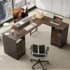 Bestier 63"W L-Shaped Corner Executive Desk With Monitor Stand & Open Storage, Cherry