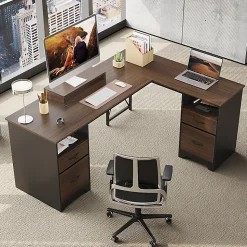 Bestier 63"W L-Shaped Corner Executive Desk With Monitor Stand & Open Storage, Cherry
