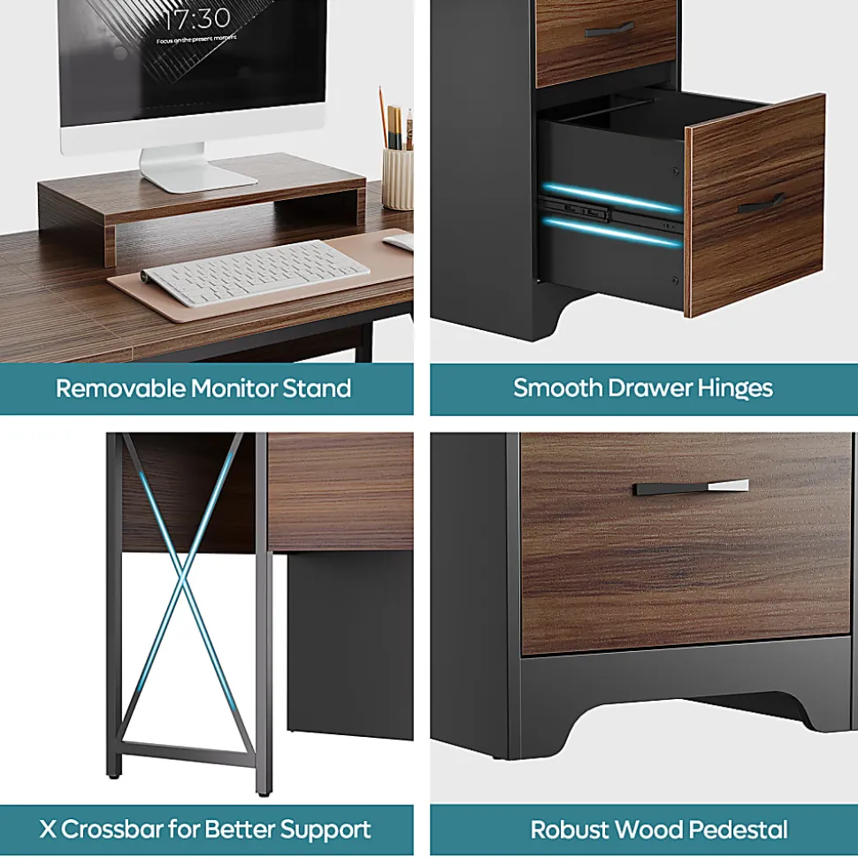 Bestier 63"W L-Shaped Corner Executive Desk With Monitor Stand & Open Storage, Cherry