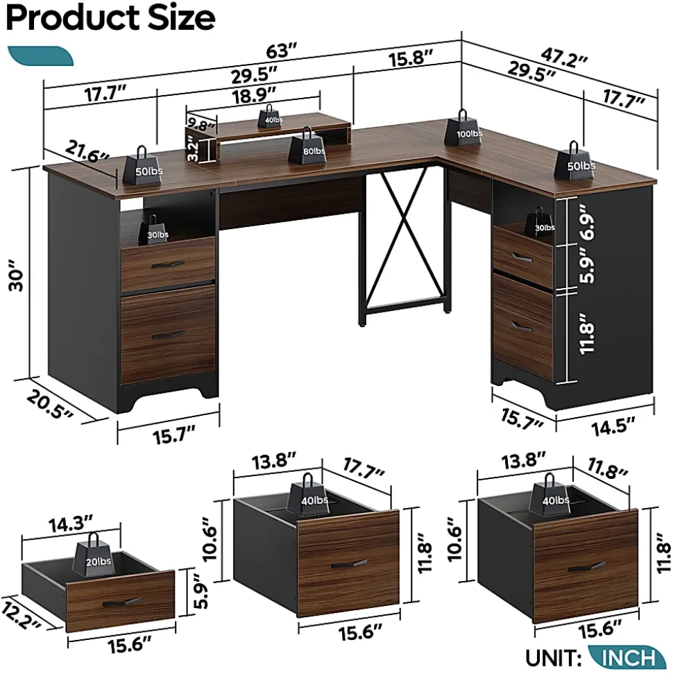 Bestier 63"W L-Shaped Corner Executive Desk With Monitor Stand & Open Storage, Cherry