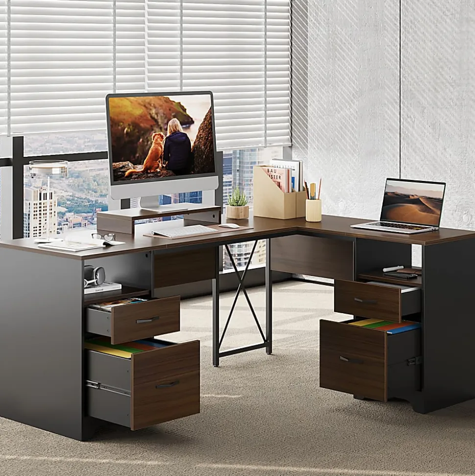 Bestier 63"W L-Shaped Corner Executive Desk With Monitor Stand & Open Storage, Cherry