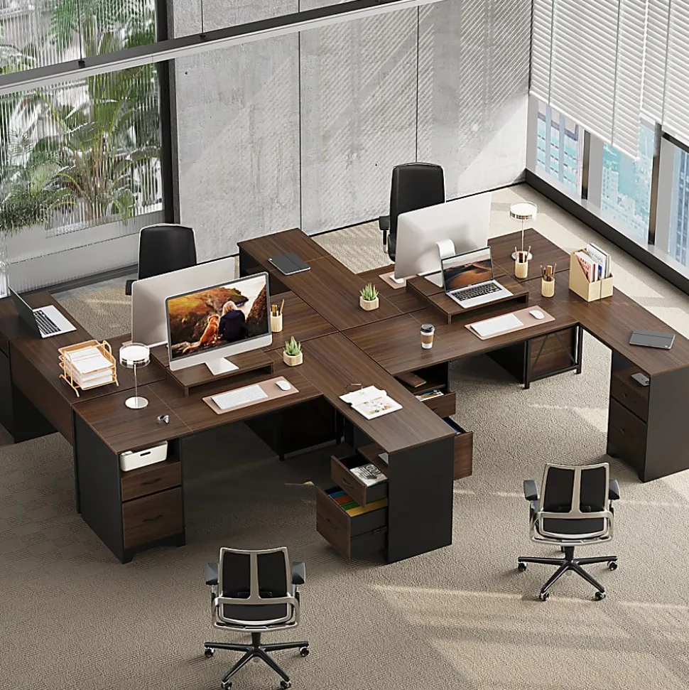 Bestier 63"W L-Shaped Corner Executive Desk With Monitor Stand & Open Storage, Cherry