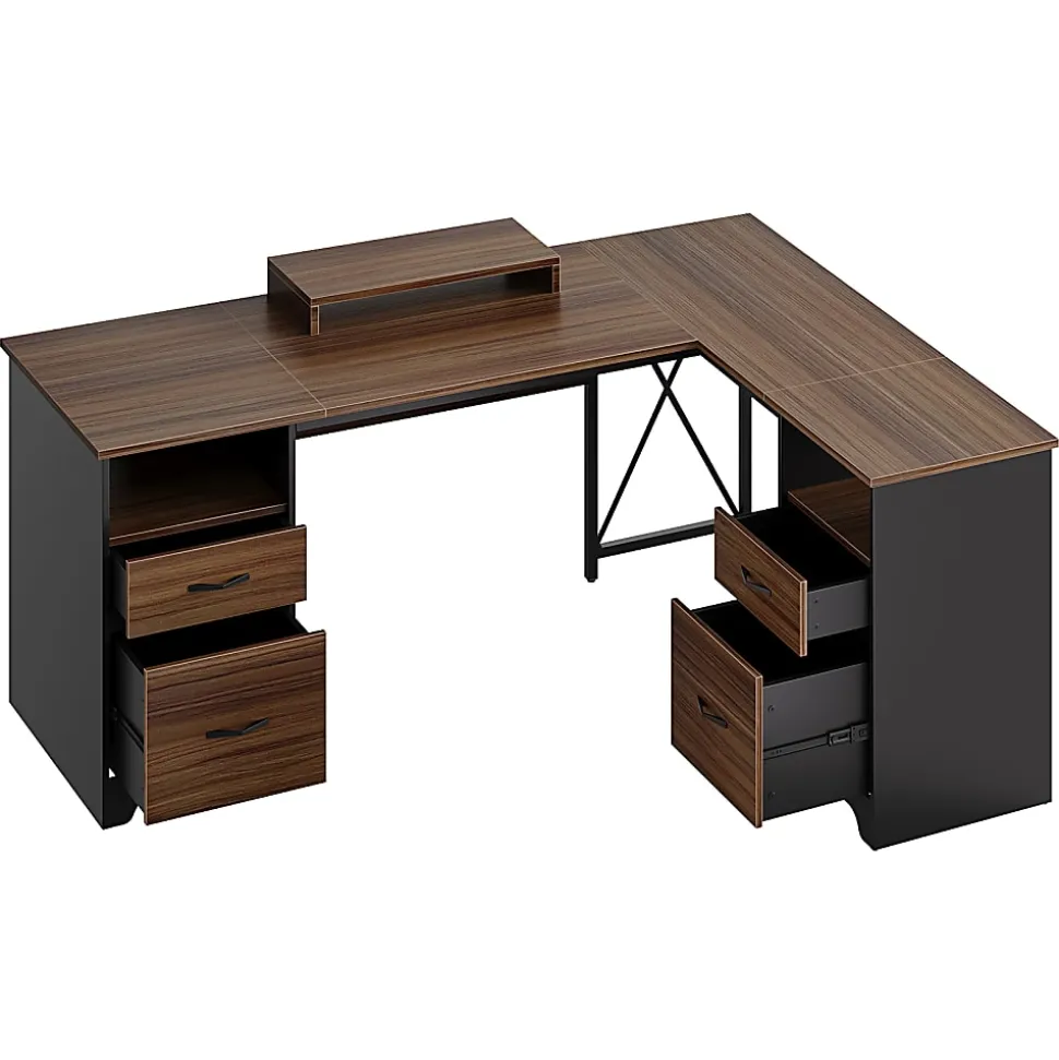 Bestier 63"W L-Shaped Corner Executive Desk With Monitor Stand & Open Storage, Cherry