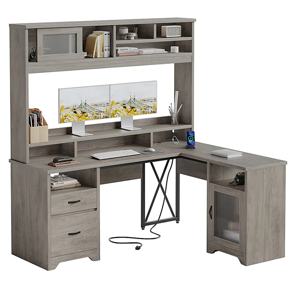 Bestier 63"W L-Shaped Ergonomic Corner Desk, Gray