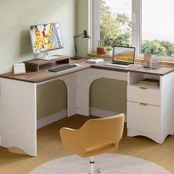 Bestier 56"W Modern L-Shaped Corner Computer Desk With Filing Drawer, White/Walnut