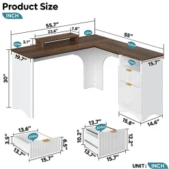 Bestier 56"W Modern L-Shaped Corner Computer Desk With Filing Drawer, White/Walnut