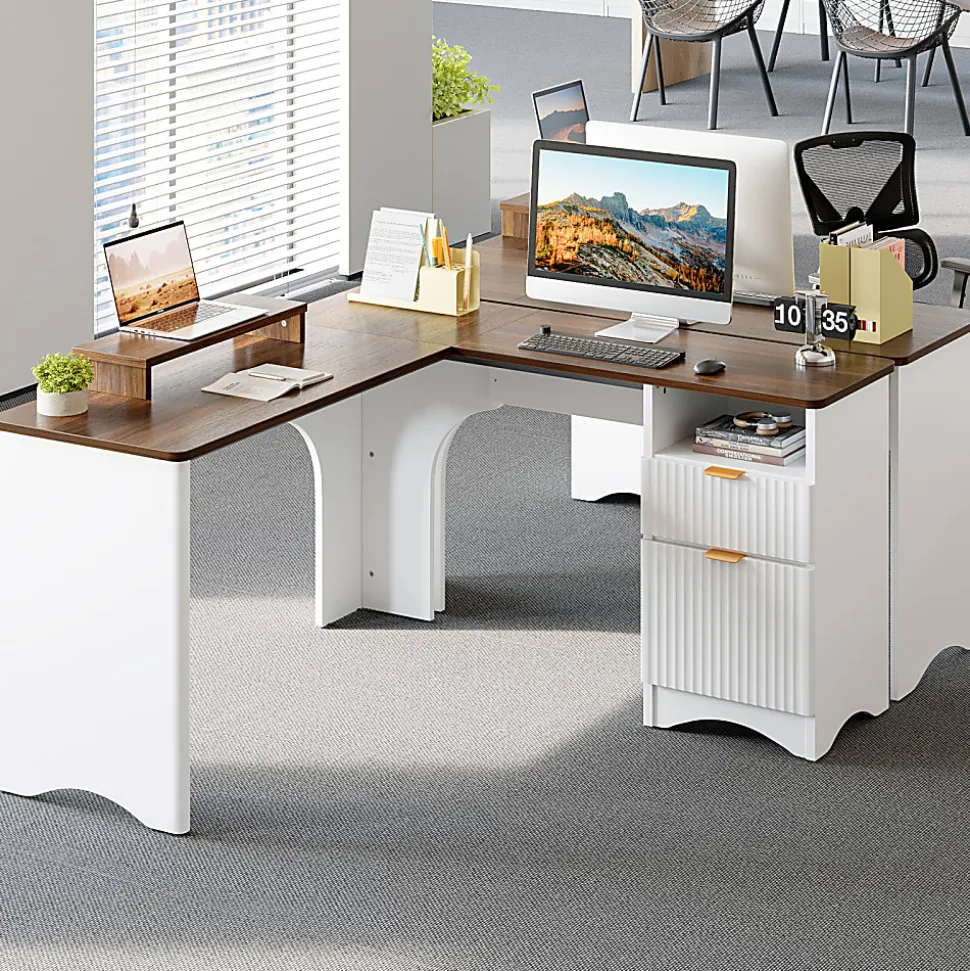 Bestier 56"W Modern L-Shaped Corner Computer Desk With Filing Drawer, White/Walnut
