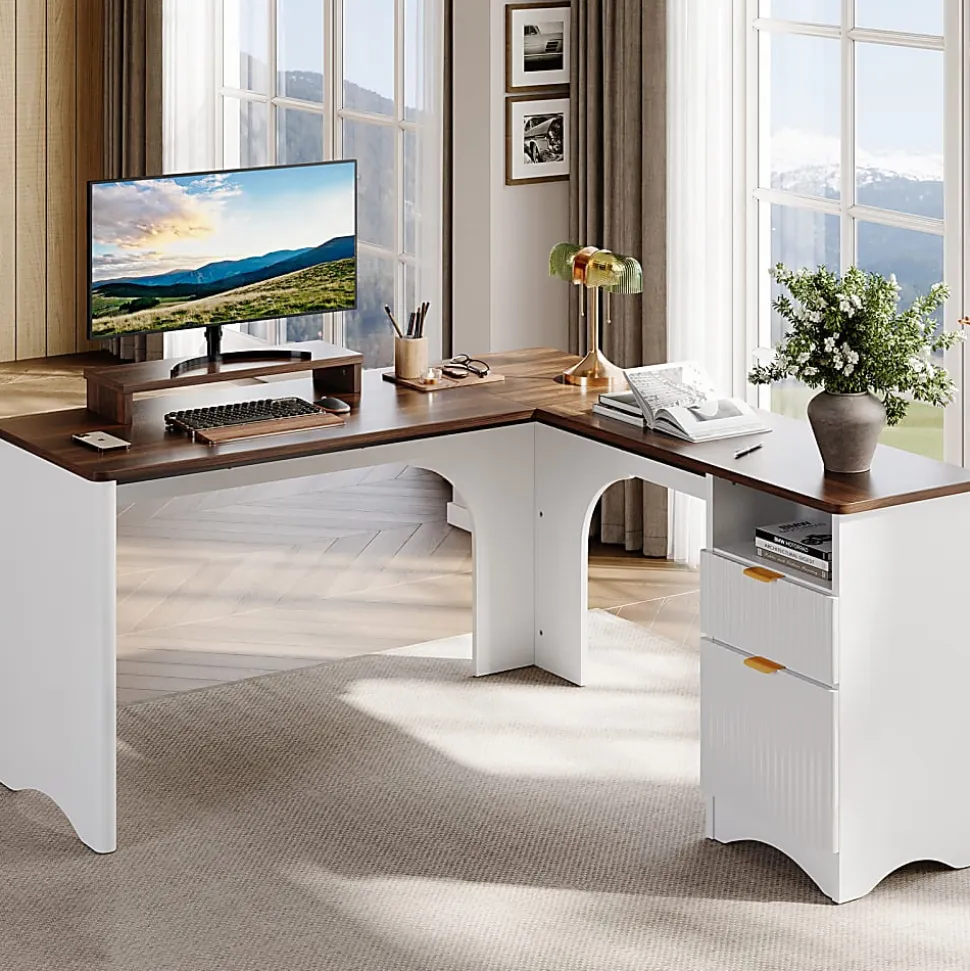 Bestier 56"W Modern L-Shaped Corner Computer Desk With Filing Drawer, White/Walnut