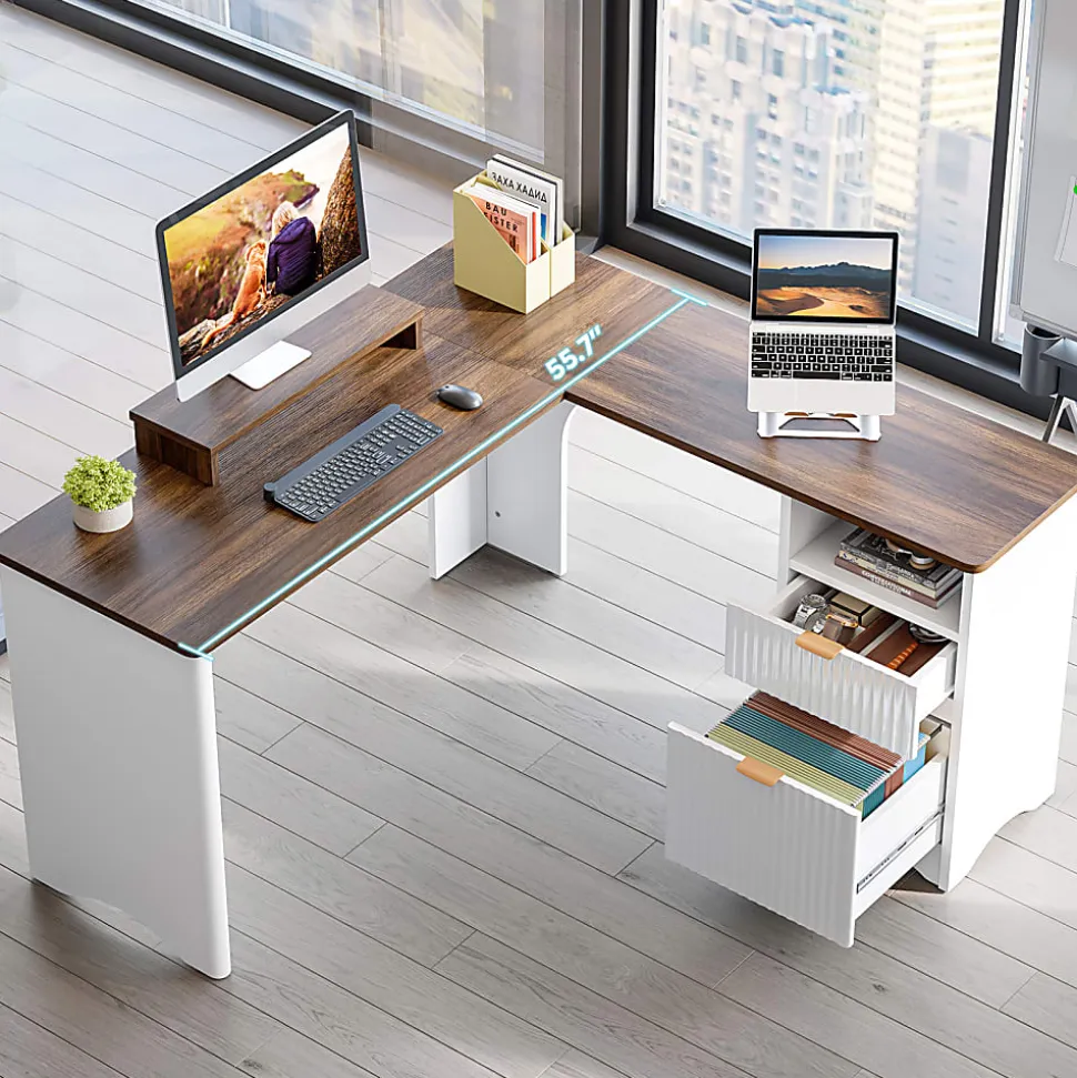Bestier 56"W Modern L-Shaped Corner Computer Desk With Filing Drawer, White/Walnut