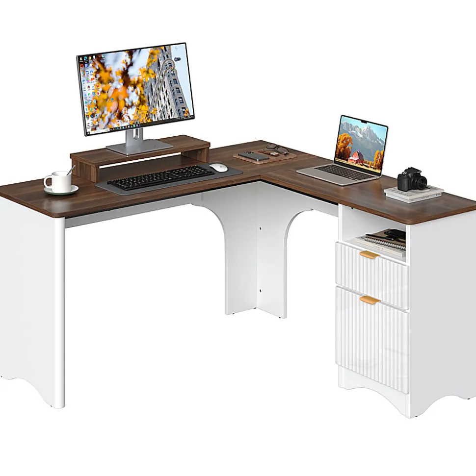 Bestier 56"W Modern L-Shaped Corner Computer Desk With Filing Drawer, White/Walnut