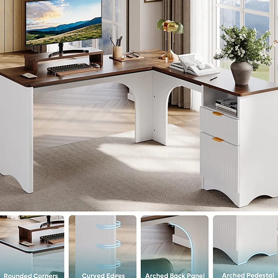 Bestier 56"W Modern L-Shaped Corner Computer Desk With Filing Drawer, White/Walnut