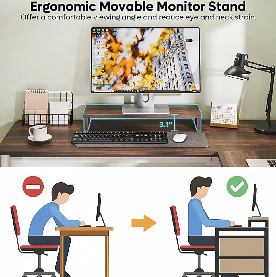 Bestier 56"W Modern L-Shaped Corner Computer Desk With Filing Drawer, White/Walnut