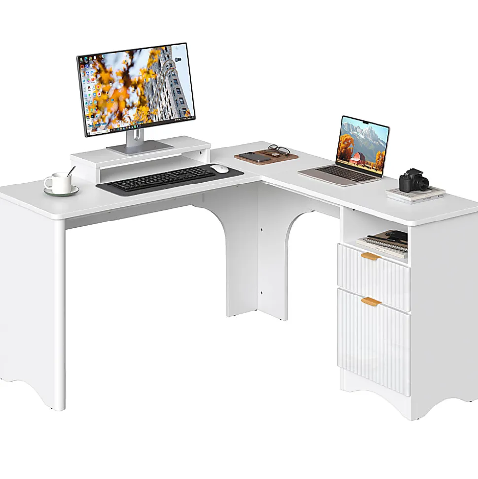 Bestier 56"W Modern L-Shaped Corner Computer Desk With Filing Drawer, White
