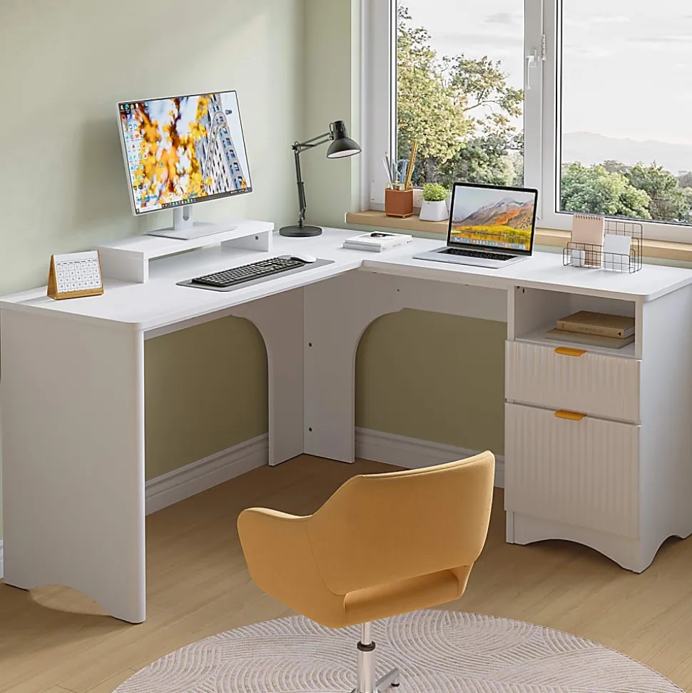 Bestier 56"W Modern L-Shaped Corner Computer Desk With Filing Drawer, White