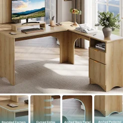 Bestier 56"W Modern L-Shaped Corner Computer Desk With Filing Drawer, Natural Oak