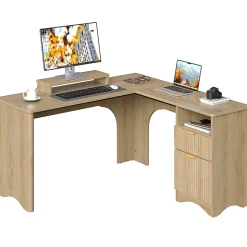 Bestier 56"W Modern L-Shaped Corner Computer Desk With Filing Drawer, Natural Oak