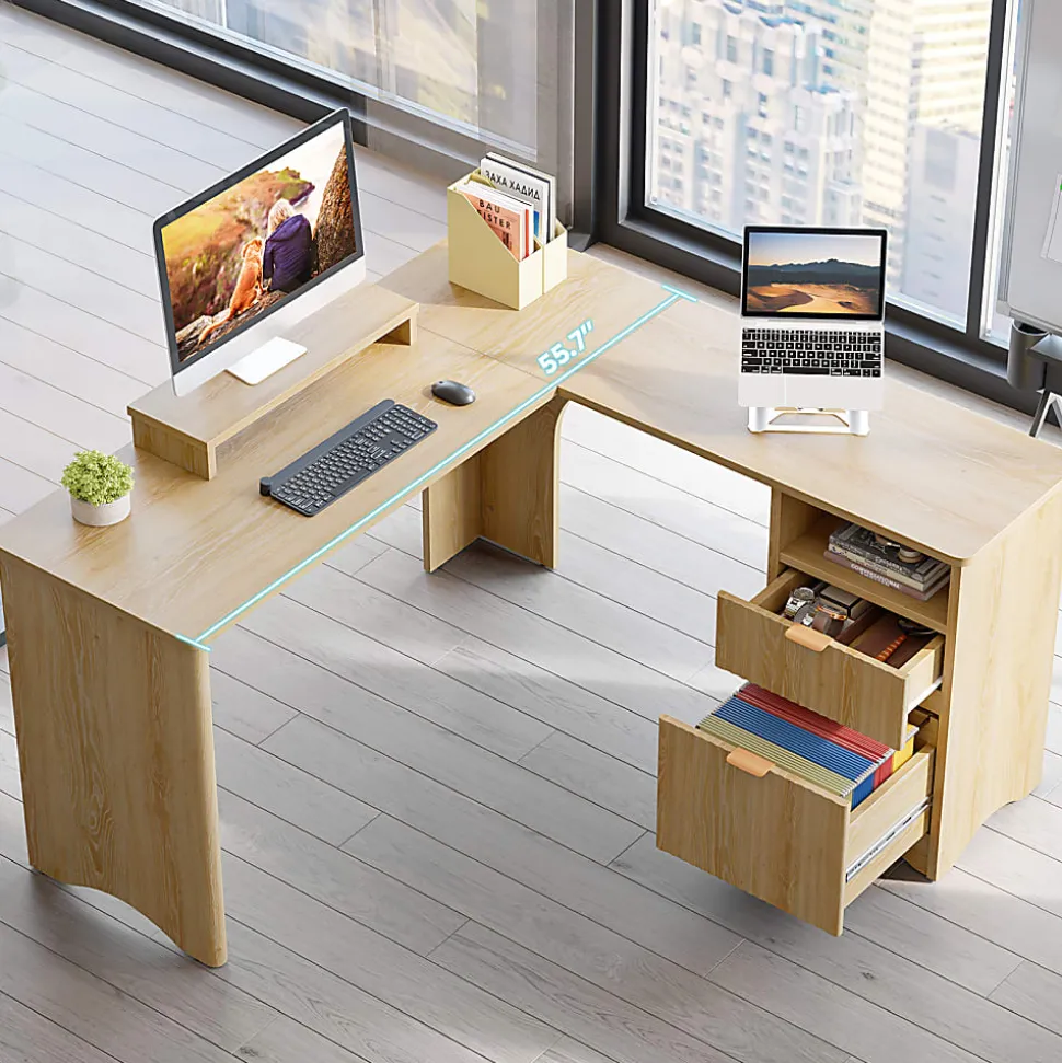 Bestier 56"W Modern L-Shaped Corner Computer Desk With Filing Drawer, Natural Oak