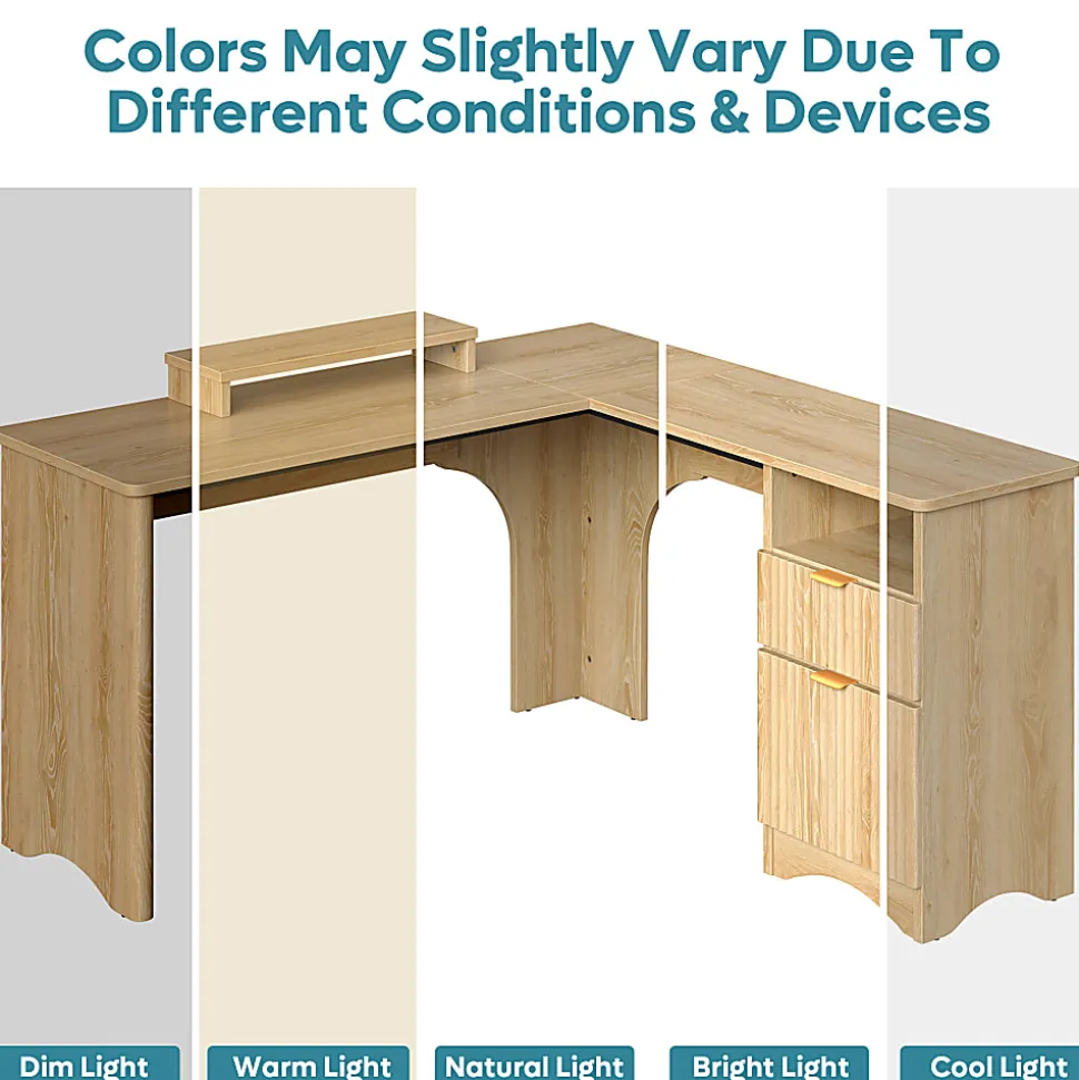 Bestier 56"W Modern L-Shaped Corner Computer Desk With Filing Drawer, Natural Oak