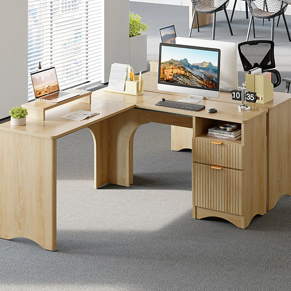 Bestier 56"W Modern L-Shaped Corner Computer Desk With Filing Drawer, Natural Oak