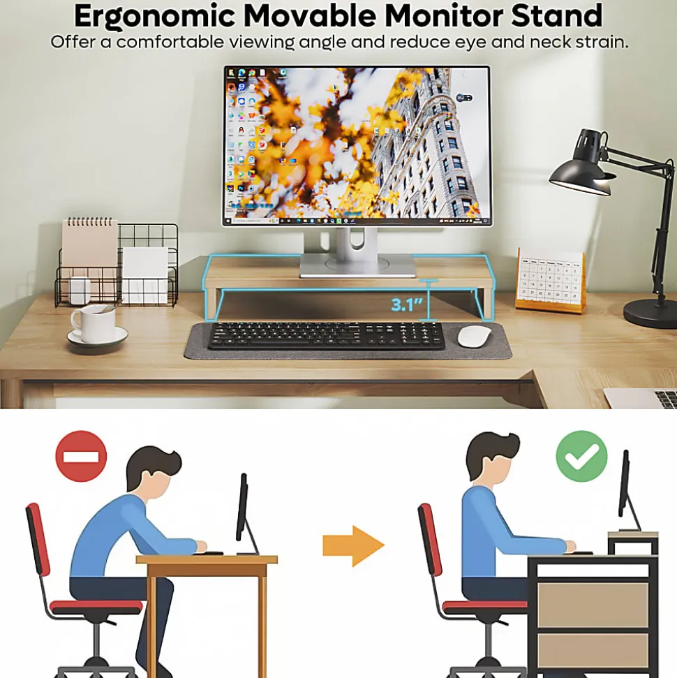 Bestier 56"W Modern L-Shaped Corner Computer Desk With Filing Drawer, Natural Oak