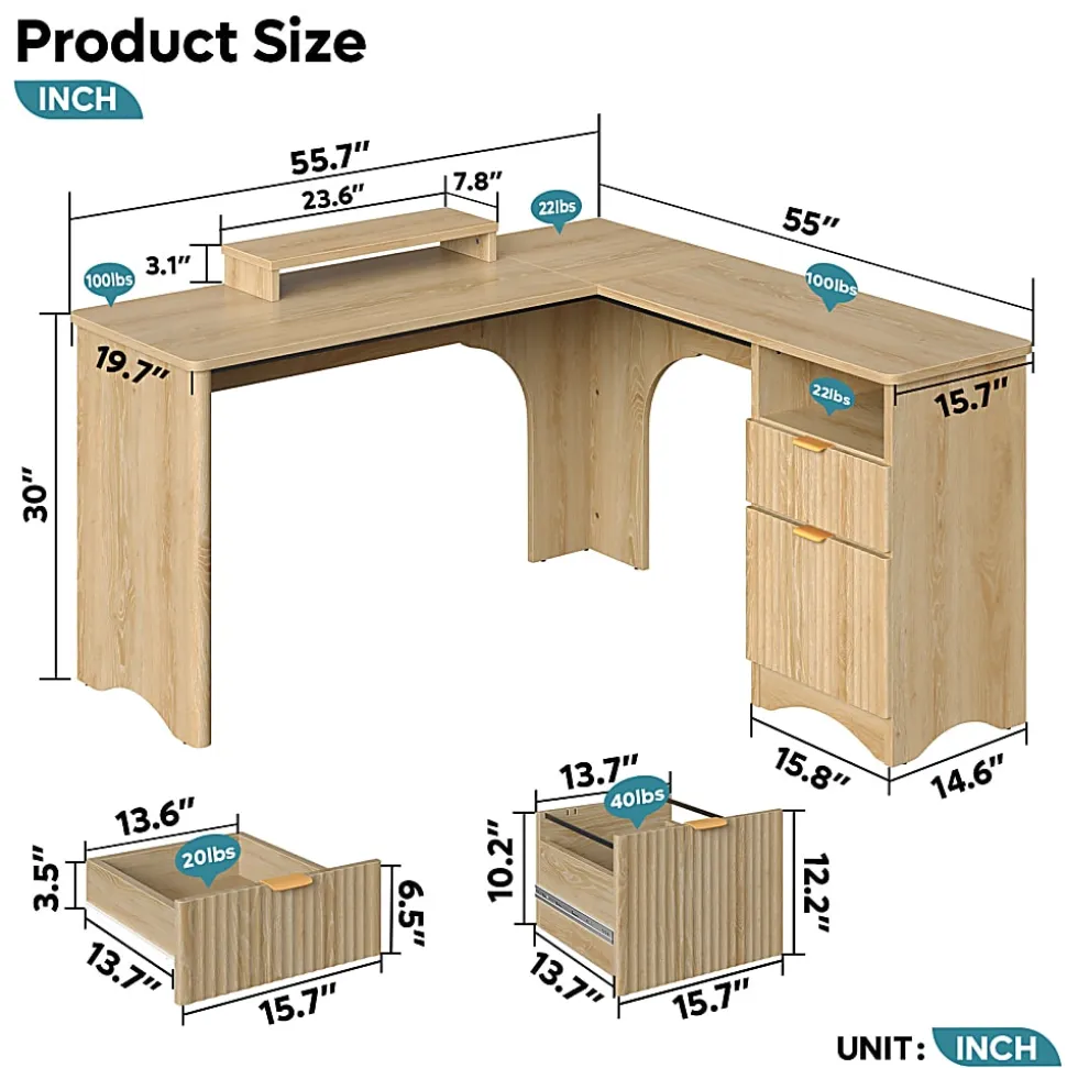 Bestier 56"W Modern L-Shaped Corner Computer Desk With Filing Drawer, Natural Oak