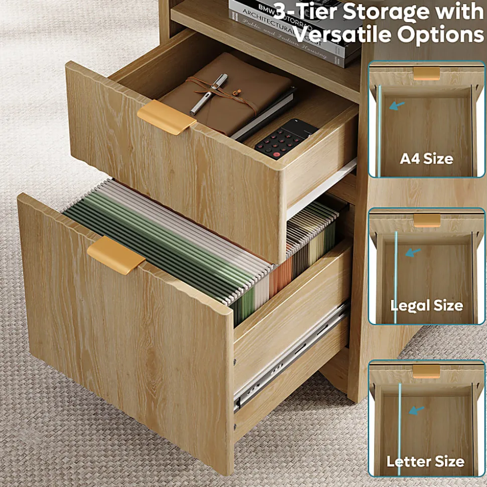 Bestier 56"W Modern L-Shaped Corner Computer Desk With Filing Drawer, Natural Oak