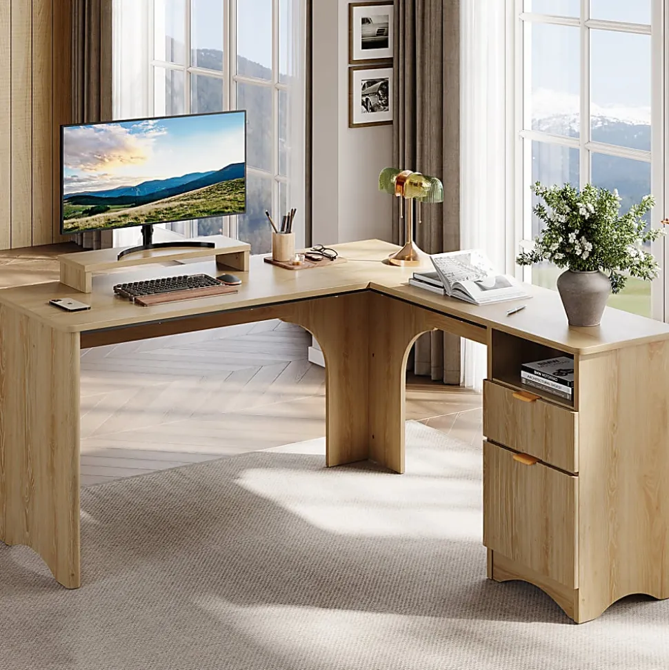 Bestier 56"W Modern L-Shaped Corner Computer Desk With Filing Drawer, Natural Oak