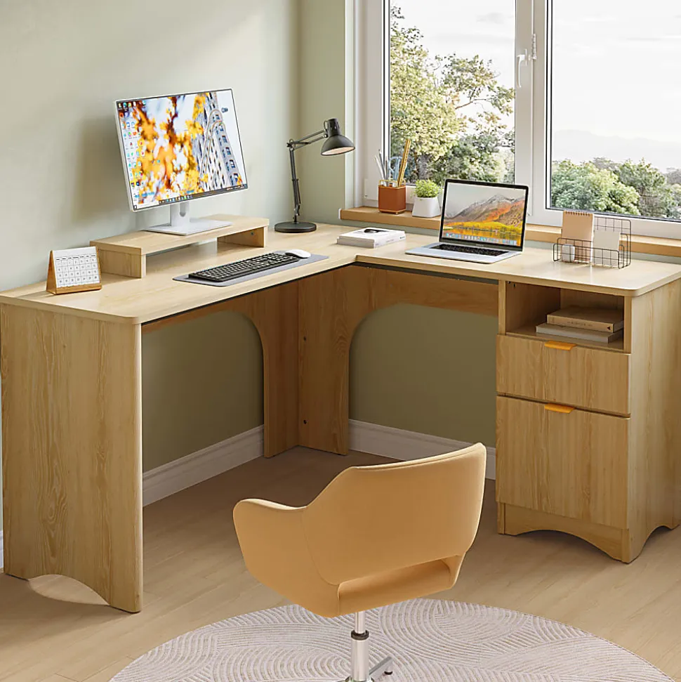 Bestier 56"W Modern L-Shaped Corner Computer Desk With Filing Drawer, Natural Oak