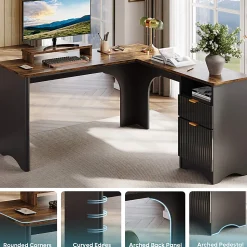Bestier 56"W Modern L-Shaped Corner Computer Desk With Filing Drawer, Black/Rustic Brown