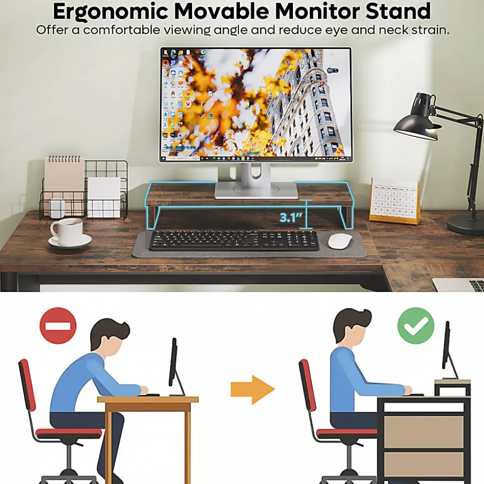 Bestier 56"W Modern L-Shaped Corner Computer Desk With Filing Drawer, Black/Rustic Brown