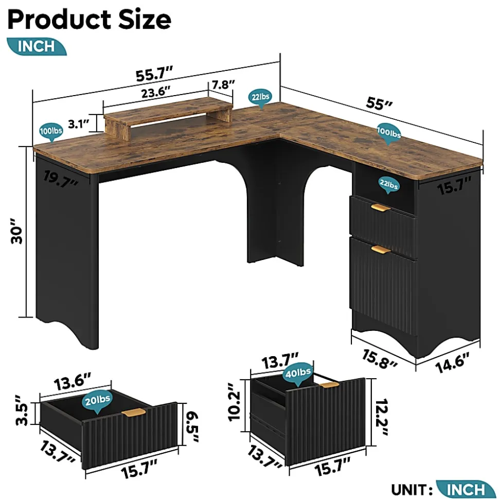 Bestier 56"W Modern L-Shaped Corner Computer Desk With Filing Drawer, Black/Rustic Brown