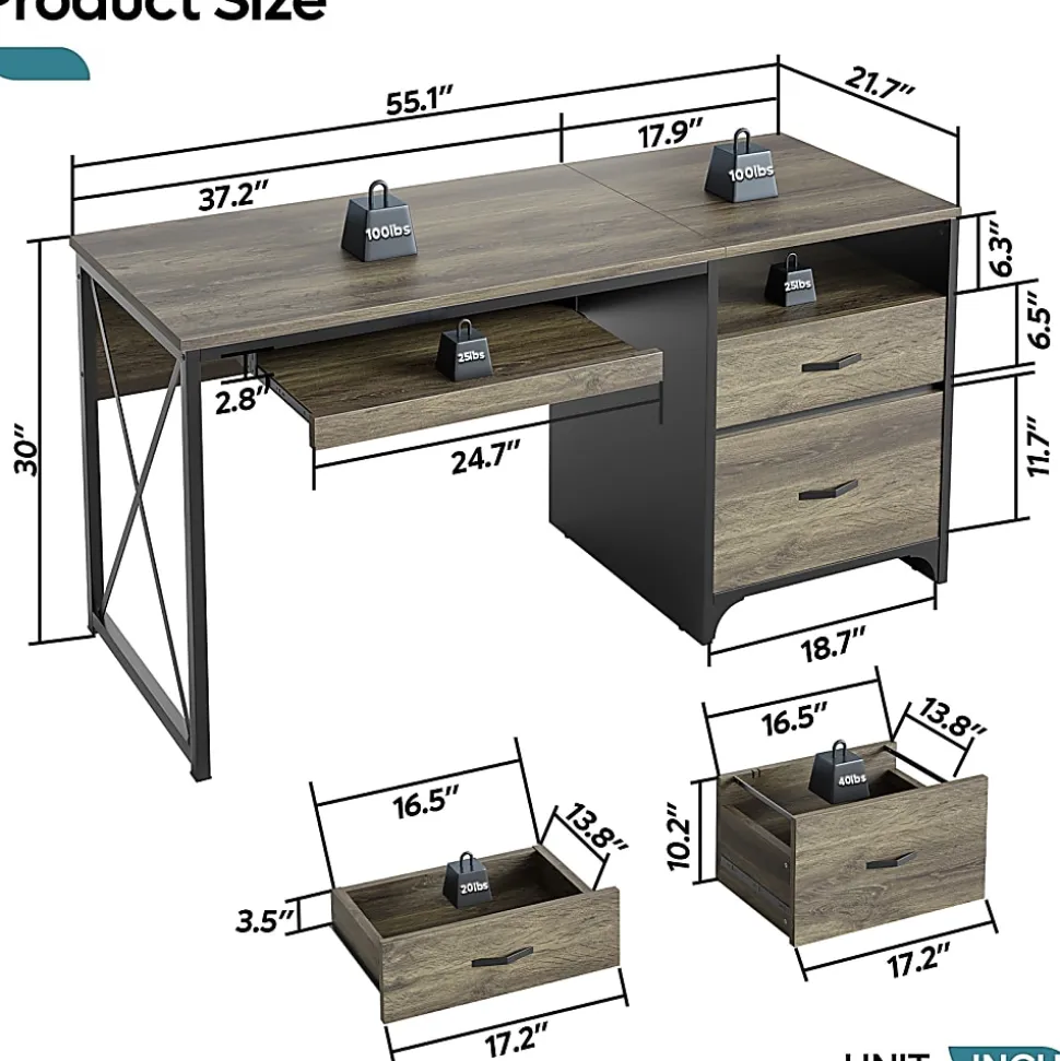 Bestier 56"W Office Desk With Drawers & Tray, Retro Gray Oak Dark