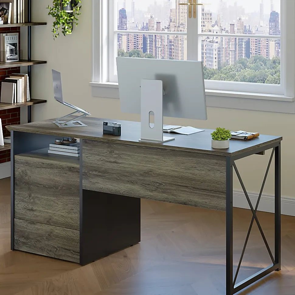 Bestier 56"W Office Desk With Drawers & Tray, Retro Gray Oak Dark
